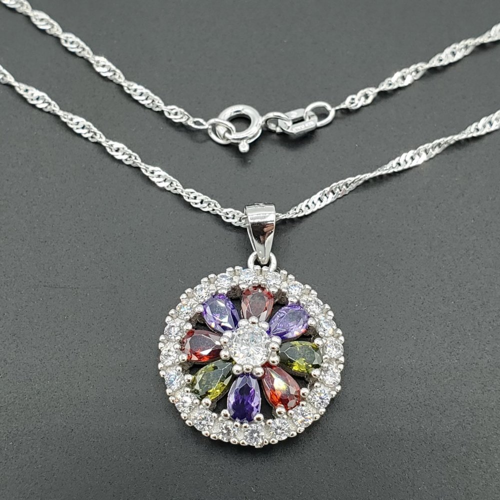 925 Solid Sterling Multi-Color Flower Pendant - image 2